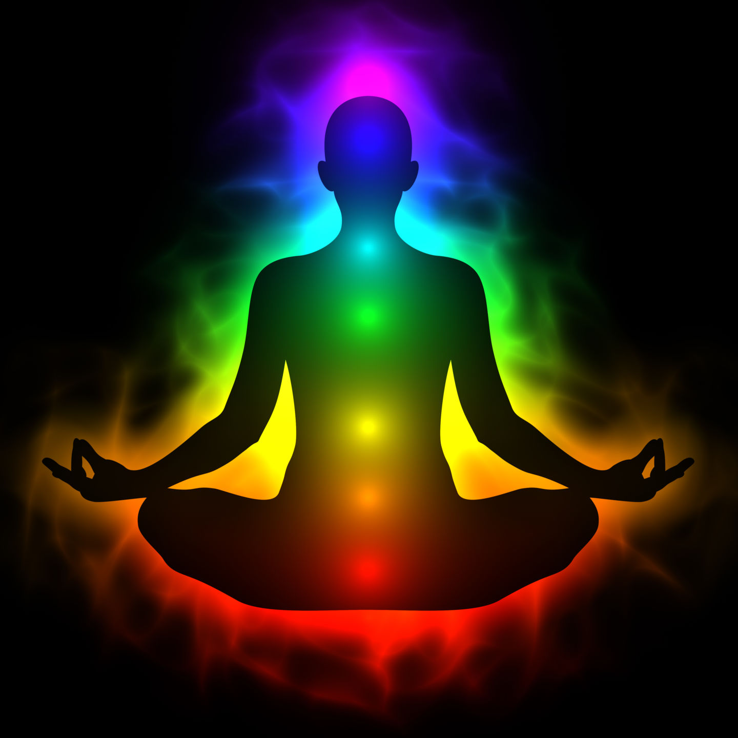 Illustration of human energy body with aura and chakras in meditation